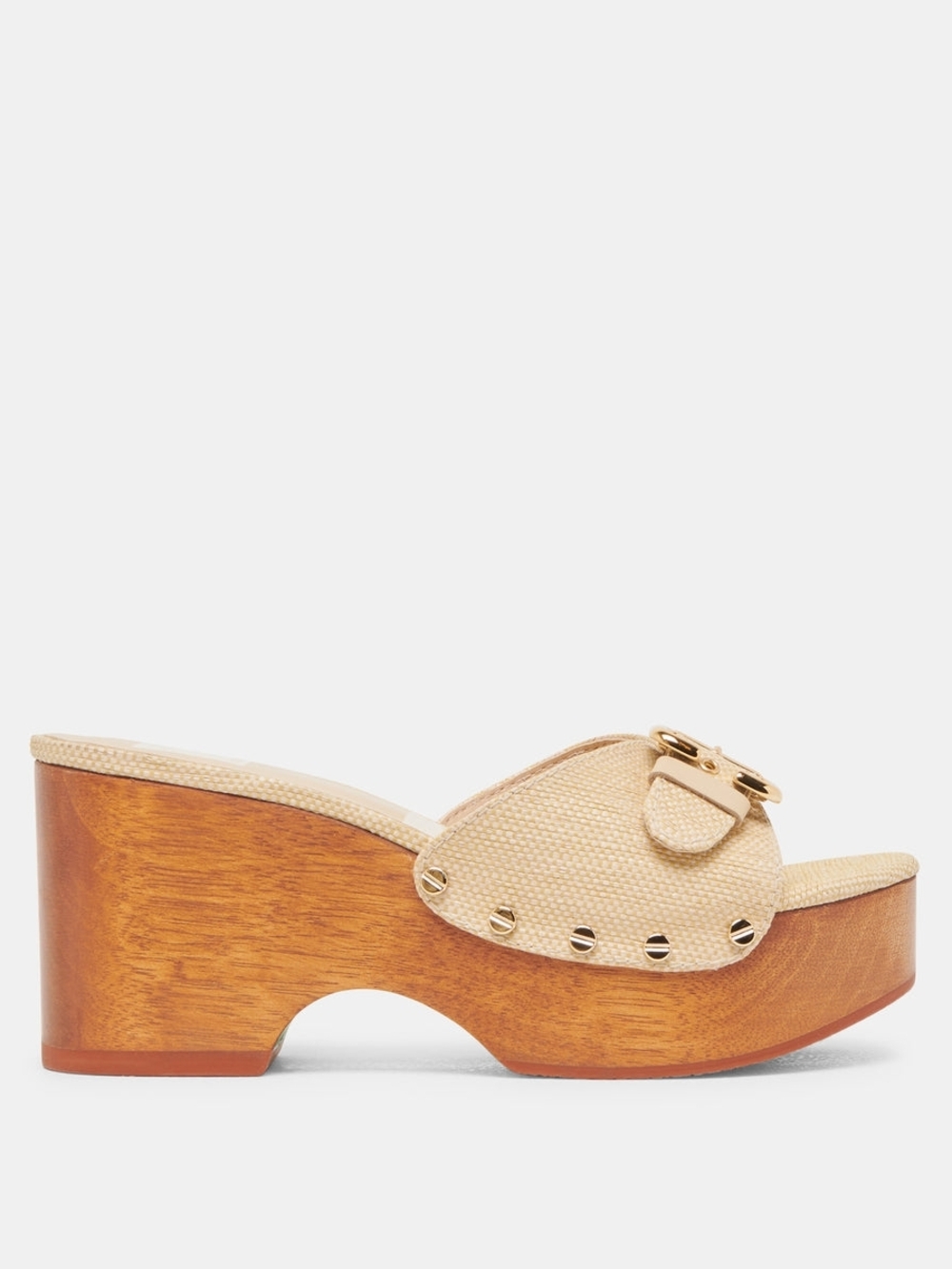 Dolce Vita Beige Woven Platform Slide with Gold Buckle